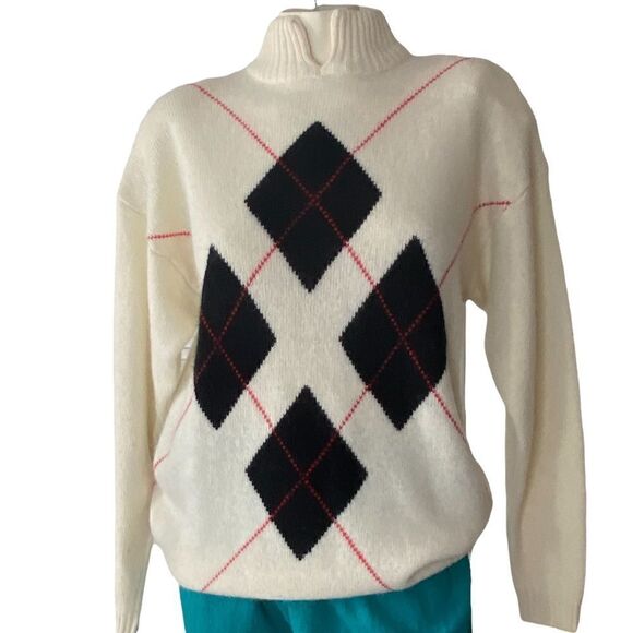 Rafaella Women's Argyle Lambswool Blend Split High Neck Sweater Cream Large - Picture 1 of 9